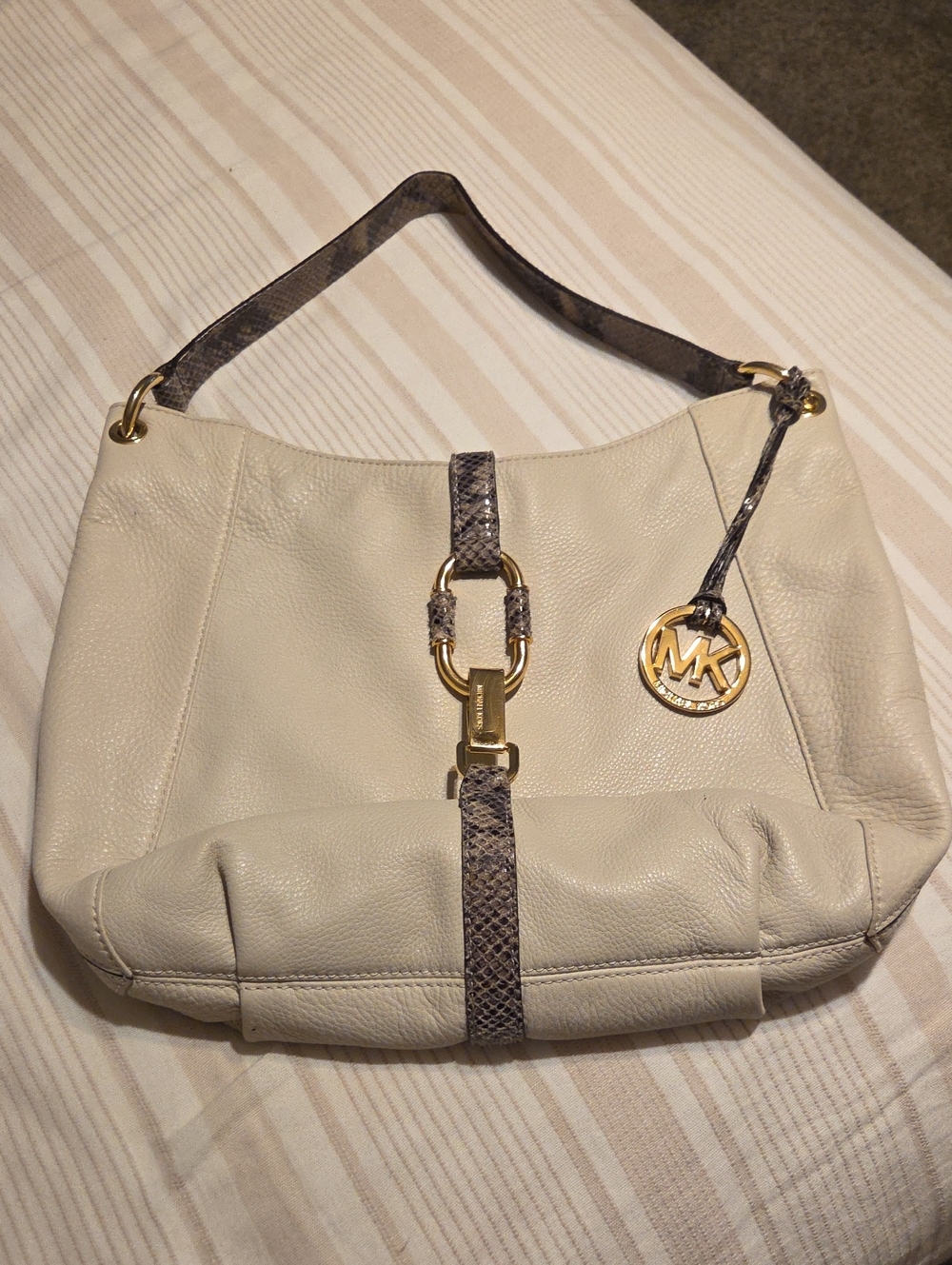 Michael Kors Cream Leather Shoulder Bag with Snake-Trim Accents